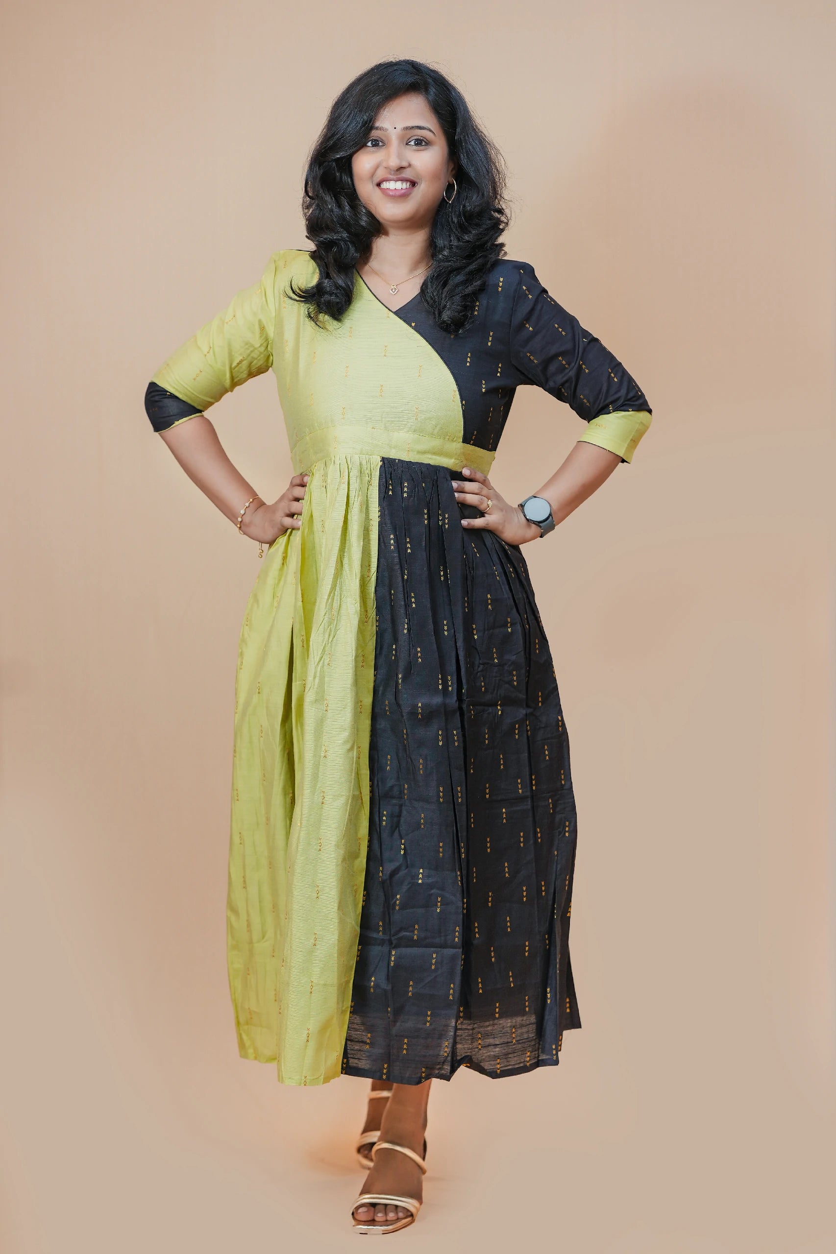 Forest Aura Chanderi Silk Double Layer Maxi Dress