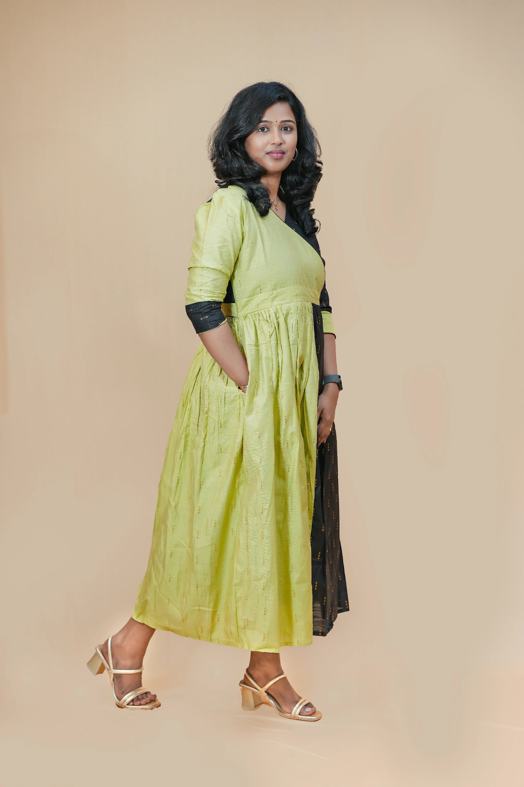 Forest Aura Chanderi Silk Double Layer Maxi Dress