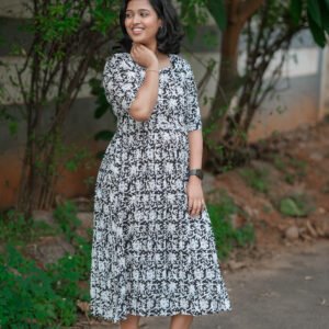 Monochrome Meadow Cotton Maxi Dress
